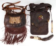 2 VINTAGE LEATHER POSSIBLES BAG WITH POWDER FLASK