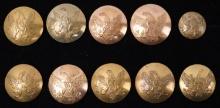 LOT OF 10 1814 ARTILLERY MILITIA 1 PIECE BUTTONS