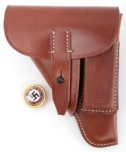 WWII GERMAN GOLD PARTYT BADGE & GXY BROWN HOLSTER