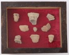 LOT OF 9 MAYAN CLAY ARTIFACTS FRAMED MOUNTED