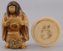 LOT OF 2 IVORY AND BONE ART NETSUKE POKER CHIP