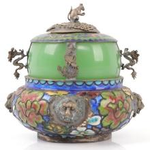 ANTIQUE ASIAN CLOISONNE ENAMEL POT DRAGON RAT