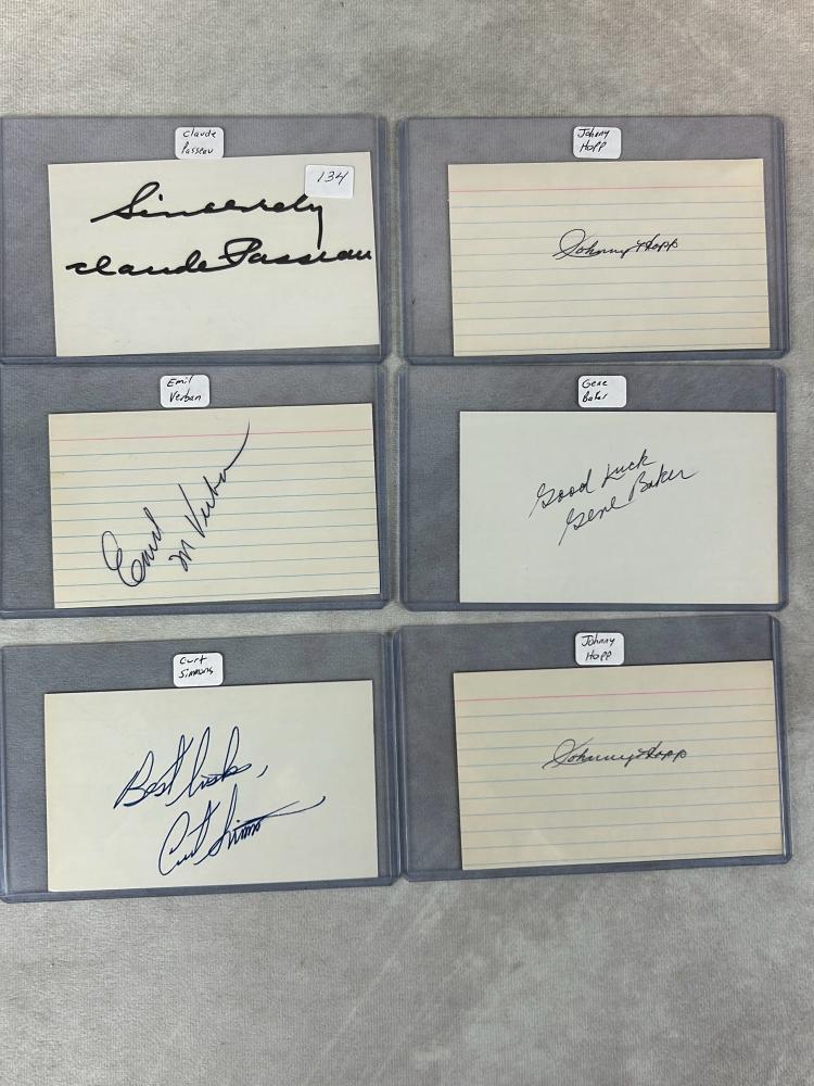 (6) Signed 3 x 5 Index Cards - Passeau, Verban, Simmons, (2) Hopp, and Baker