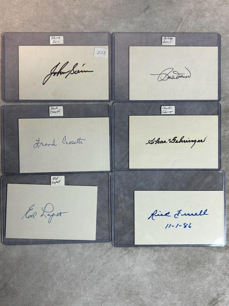 (6) Signed 3 x 5 Index Cards - Sain, Crosetti, Lopat, Doerr, Gehringer and Ferrel