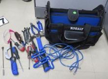 Kobalt soft side tool box with basic tools  - hammer, hand saw, cardboard knife, goggles screwdri...