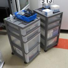 small plastic cabinets on casters with mixed lab parts & supplies each measures 14"  d x 12" w x ...