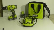 18v Ryobi 1/2" drill motor with 2 batteries, charger, canvas bag