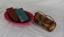 Assorted handmade wallets, purse, basket