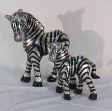 Paper Mache Zebras, 16"t x 5"w x 14"w , 11"t x 4" w x 9"l