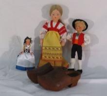 Lot of foreign souvenirs, Dutch doll, Russian doll, wood clogs, 3 dolls