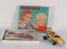 Lot of Foreign Paper Dolls, handmade metal car
