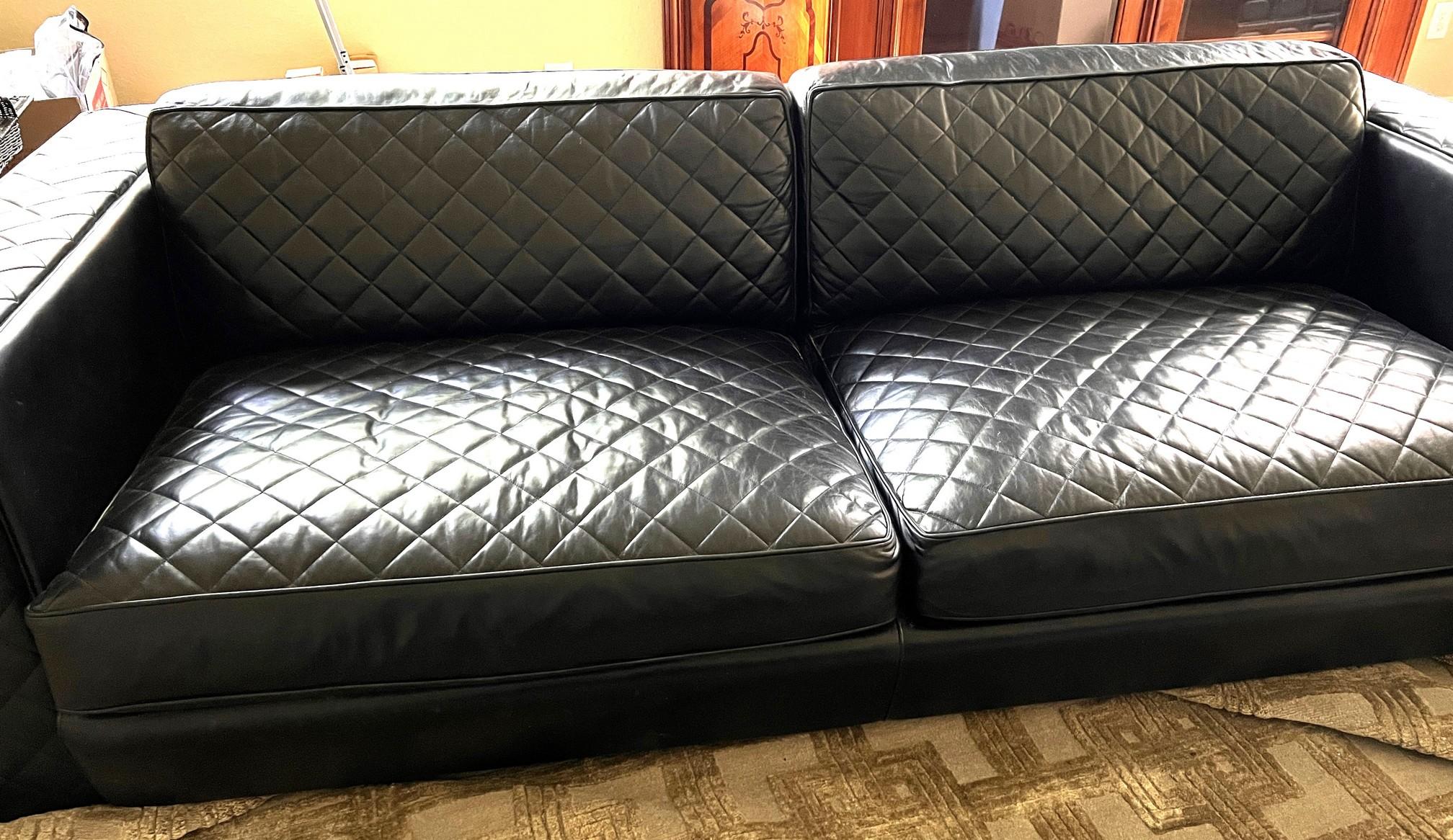 Zamaboni Blaack Leather Quillted Sofa, 96" X 40", Showroom Sample, To Be Picked Up in Davie Made Fro