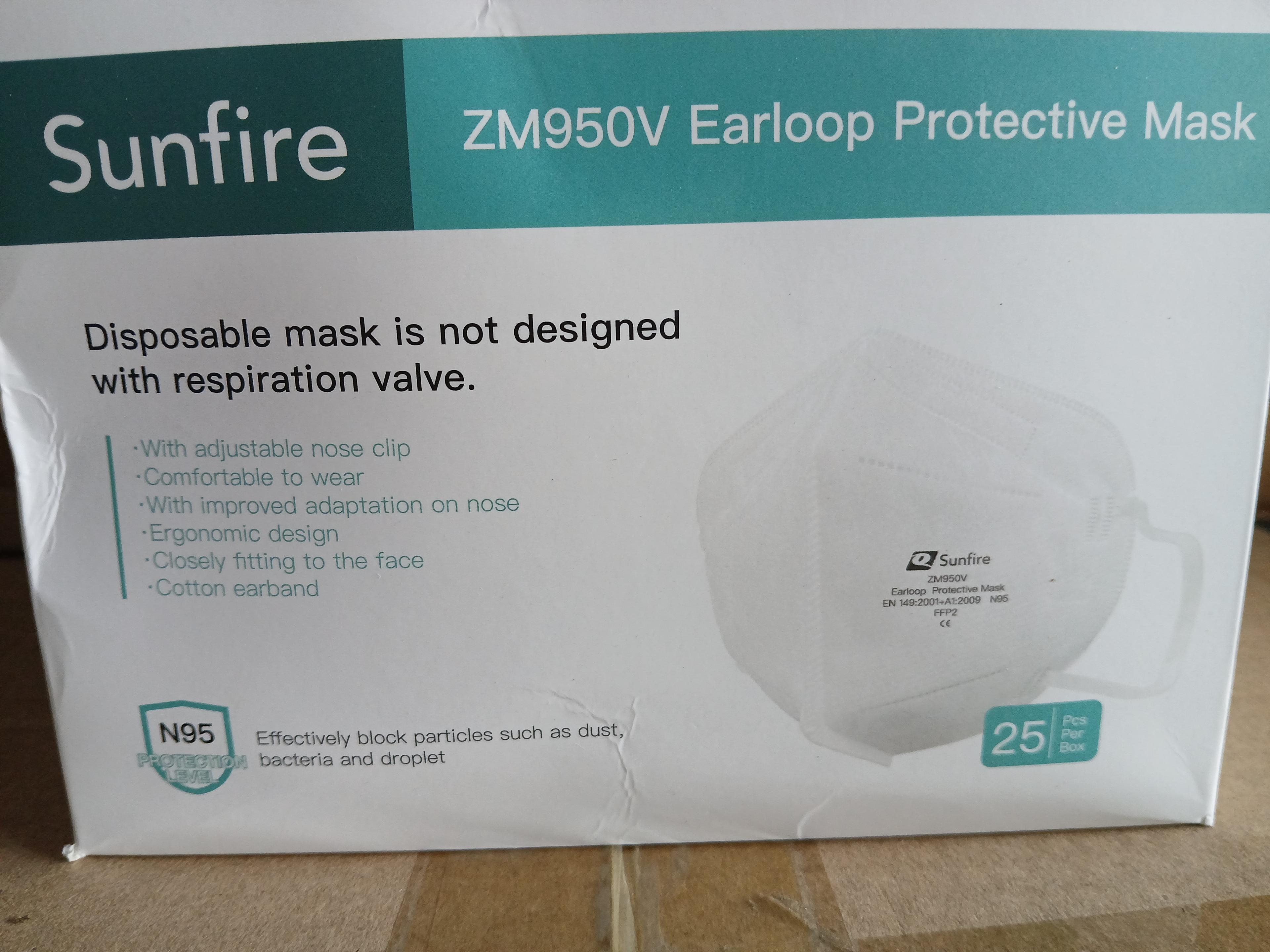 SUNFIRE Model ZM-950V Earloop Protective Mask / Face Mask W/ Adjustable Nose Clip - N95 Protection L