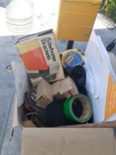 Box of Miscellaneous Items, including tape and saw horses