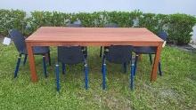 BRAND NEW OUTDOOR 100% FSC SOLID WOOD 82" TABLE WITH 6 Grey Recycled Resin Stacking Chairs
