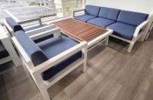 Addison, a 4 Piece Outdoor Patio Furniture Set with a 3 Seater Sofa, (2) Arm Side Chairs, and Teak T