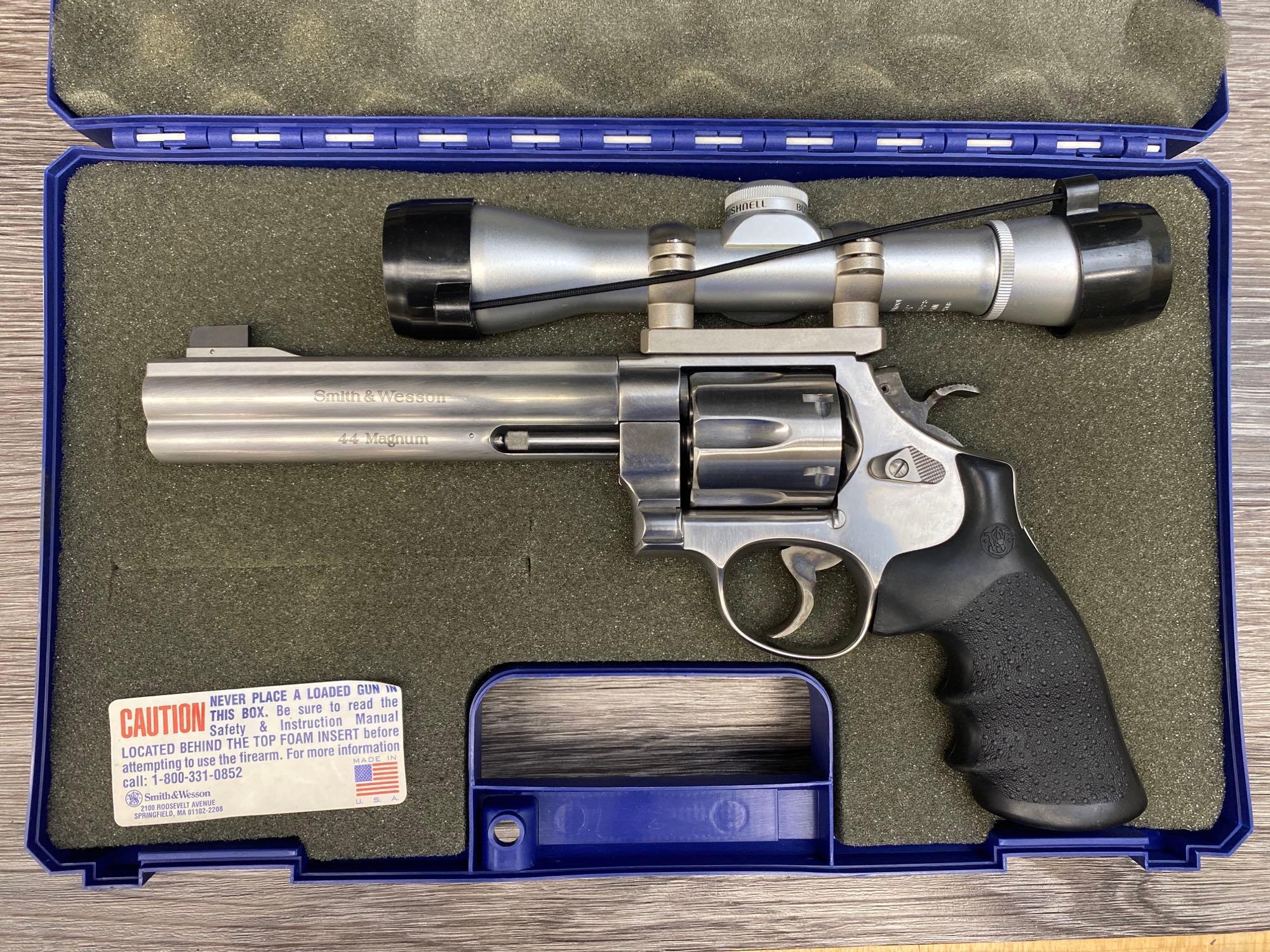 S&W MOD. 629-4 CLASSIC .44 MAG. CAL. STAINLESS STEEL DA REVOLVER W/S&W HARDCASE/DOCS/BUSHNELL SCOPE.