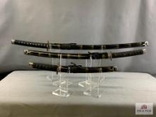 [94] Three Decorative Oriental Samurai Type Swords w/Stand