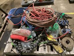 A PALLET OF, GLAD HAND AIR HOSES, BUNGEE CORDS, HOLD