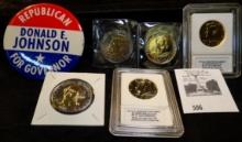 Pair of 2014 Gold-Plated and certified Kennedy Half Dollars; Republican Donald E. Johnson For Govern