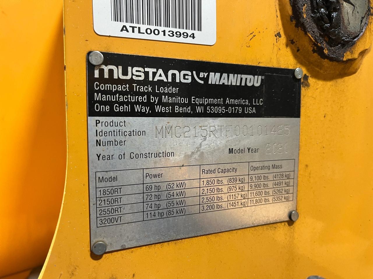 2020 Mustang 2150RT Skid Steer Loader