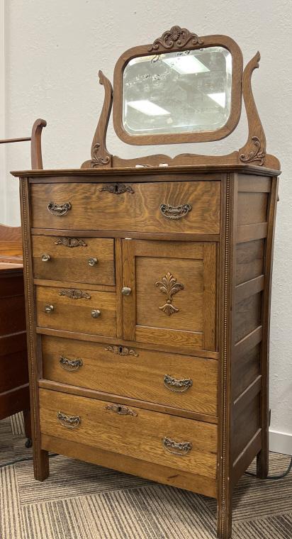Antique Oak Highboy Dresser with Beveled Mirror
