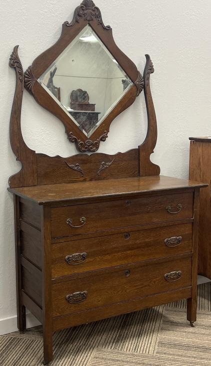 Antique Oak Dresser with Diamond Swing Mirror