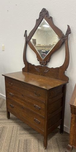 Antique Oak Dresser with Diamond Swing Mirror