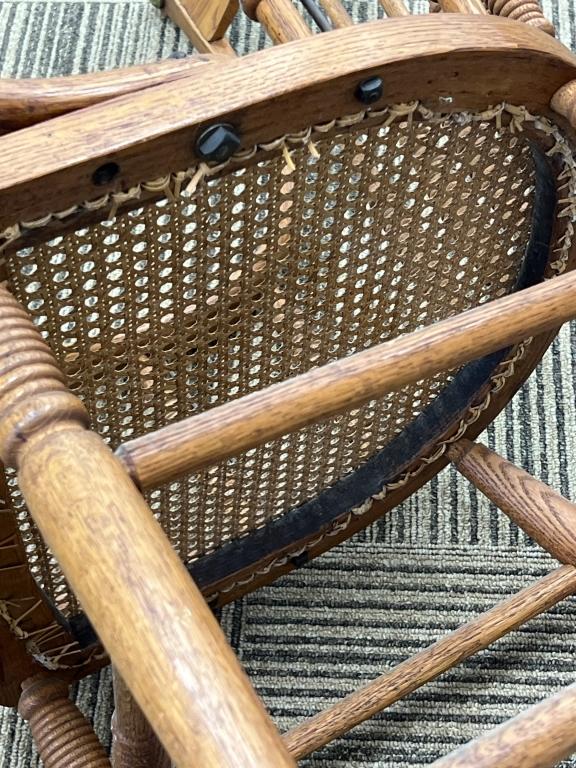 Antique Oak Cane Spindle High Back Arm Chair