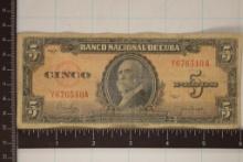 1950 CUBA 5 PESO BILL