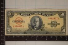 1950 CUBA 50 PESO BILL WITH INK ON THE OBVERSE