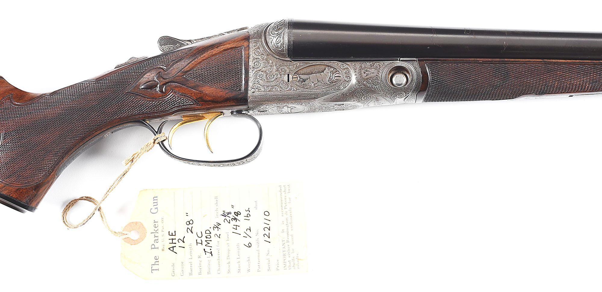 (C) PARKER AHE SIDE BY SIDE SHOTGUN WITH CASE AND FACTORY LETTER.