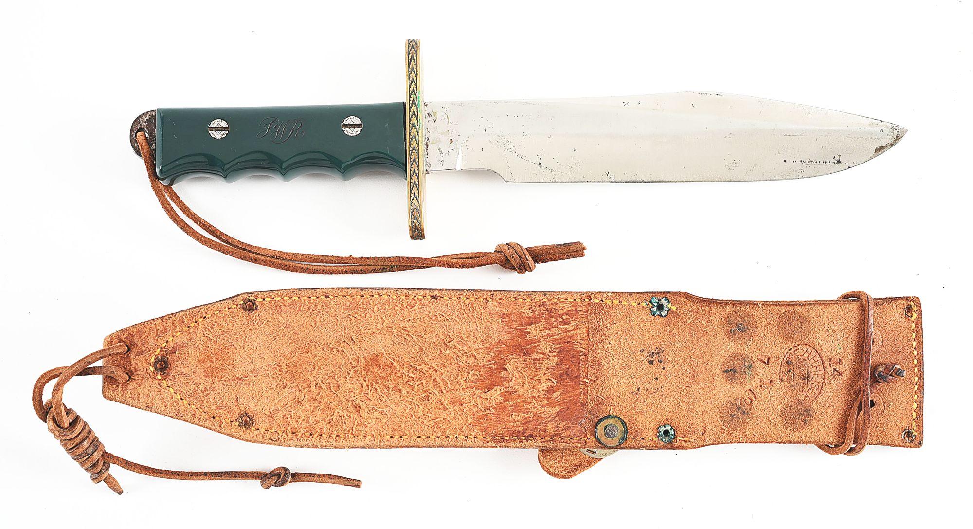 RANDALL NUMBER 14 KNIFE WITH GREEN TENITE HANDLE.