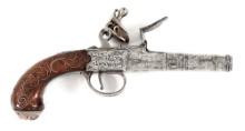 (A) RICHARDS FLINTLOCK MUFF PISTOL, SIMILAR IN FORM TO A QUEEN ANNE.