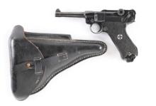 (C) MAUSER CODE S/42 P.08 LUGER SEMI-AUTOMATIC PISTOL WITH LEATHER HOLSTER, TOOL, AND ONE EXTRA MAGA