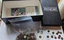 US Proof Box with Cards & 1lb wheat Pennies & 6 Silver Dimes & 11 Indian Head Pennies & Nickel
