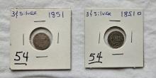 1851 & 1851 O 3 Cents Silver Coins