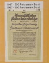 German 1937-dated 100 & 500 Reichsmark Bond Certificates (JMT)
