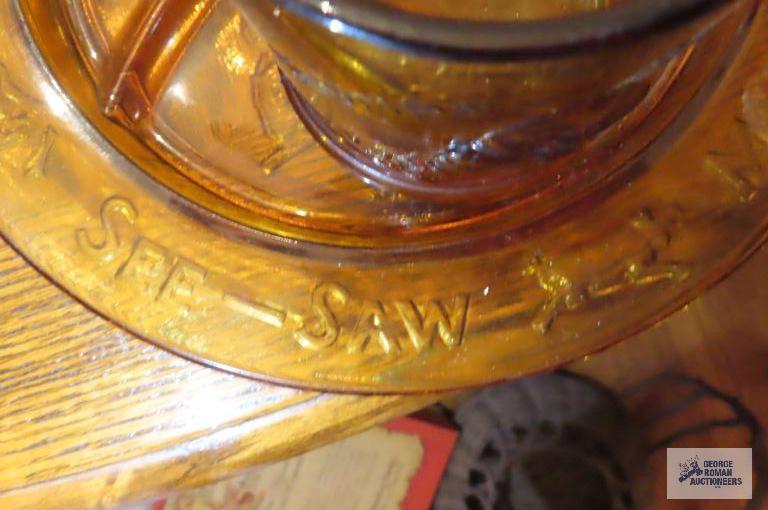 Child's amber glass plate and Humpty Dumpty mug