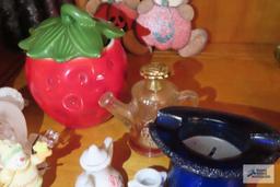 miscellaneous items including figurines, jelly pot, candles and wood bears