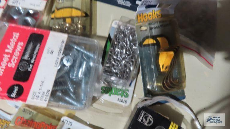 Assorted hardware including nails, screws, hangers