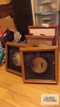 Variety of craft items and various frames. Includes rolling plastic storage cabinet