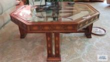 six sided ornate wood with glass top coffee table, matches lots 144 and 360
