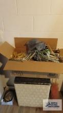 Box of assorted hangers and vintage clothes hamper