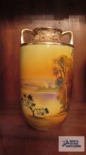 Nippon hand painted vase with double handle and lake scene