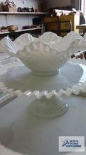 Milk glass hobnail cake stand and bowl