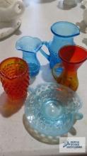 Crackle glass vases, hobnail vases and hobnail frosted candy dish
