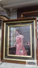 Antique print of woman in pink dress with shadow box frame. Measures 16-1/2 in. by 19-1/2 in.