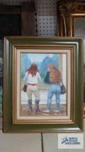 1990 Clyde Singer oil on canvas board. Two Girls in Gallery. Frame measures 20 in. by 24 in.
