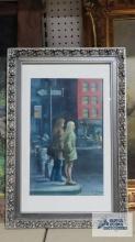 Copy of a Clyde Singer painting. Two women waiting to cross street. Frame measures 16-1/2 in. by 24